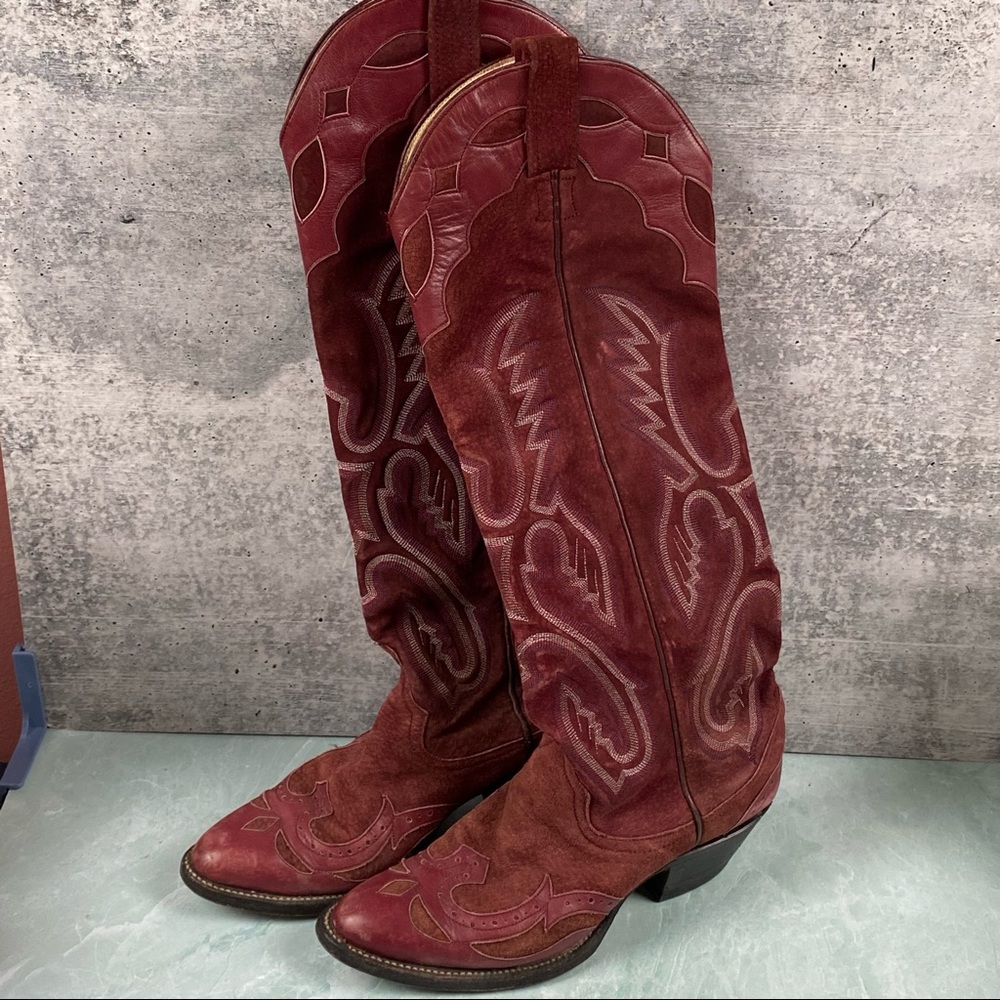 Women’s Vintage Cutter Bill Red Leather & Suede Cowgirl Boots Tall Size 6.5 A